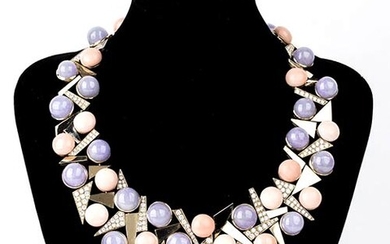 Gold, lavander jadeite, pink coral and diamonds necklace - by...
