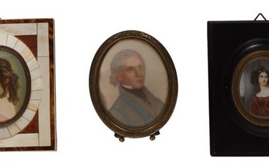 Group of Three Watercolor Portrait Miniatures, 19th c., consisting of a man, in an oval easel frame;