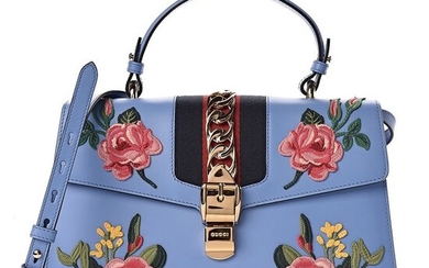 Gucci - Calfskin Embroidered Medium Sylvie Top Handle Bag Light Blue Clutch bag
