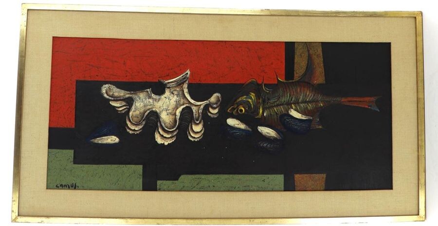 Gustave CAMUS (Belgian School 1914-1984) "Shells and fish", oil on canvas, signed lower left, titled on the back and dated "1966", 39 x 88 cm