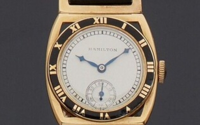 HAMILTON Montre bracelet en plaqué or 14k (585) pour le marché américain. Lunette chiffres romains....