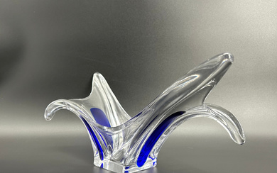 HAND-BLOWN POINTED GLASS BOWL - CLEAR WITH COBALT BLUE ACCENT.