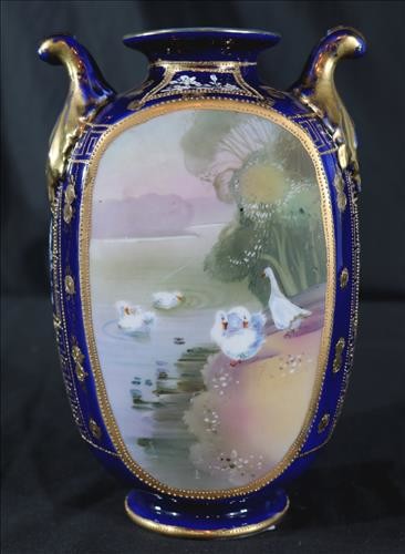 Hand painted Nippon double handle cobalt vase