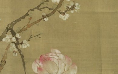 Hanging scroll, Painting - Silk - 'Chinzan' 椿山 - Flower painting - With signature and seal 'Chinzan' 椿山 - Japan - Meiji period (1868-1912)
