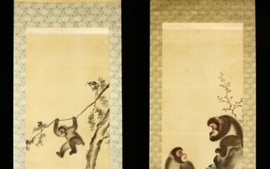 Hanging scroll painting - Paper - 'Sosen' 祖仙 - Japanese monkeys - Twin scrolls With signature and seal 'Sosen' 祖仙 w/box - Japan - Meiji period (1868-1912)