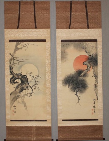 Hanging scroll paintings (2) - Paper - Suzuki Shōnen (1848-1918) - Very fine diptych 'Sun and pine and moon and ume', signed - including inscribed tomobako - Japan - Late 19th century/Early 20th century (Meiji period)