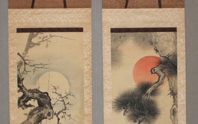 Hanging scroll paintings (2) - Paper - Suzuki Shōnen (1848-1918) - Very fine diptych 'Sun and pine and moon and ume', signed - including inscribed tomobako - Japan - Late 19th century/Early 20th century (Meiji period)