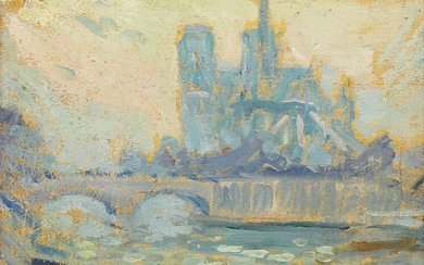 Henri le Sidaner, French 1862-1939- Notre Dame, Paris, 1909; oil on board, signed lower right,13x17.5cm Provenance: Tajan, Paris, 2 December 2002, lot 56; Sotheby's, Olympia, 20 March 2003, lot 42; Private Collection, London; thence by descent...