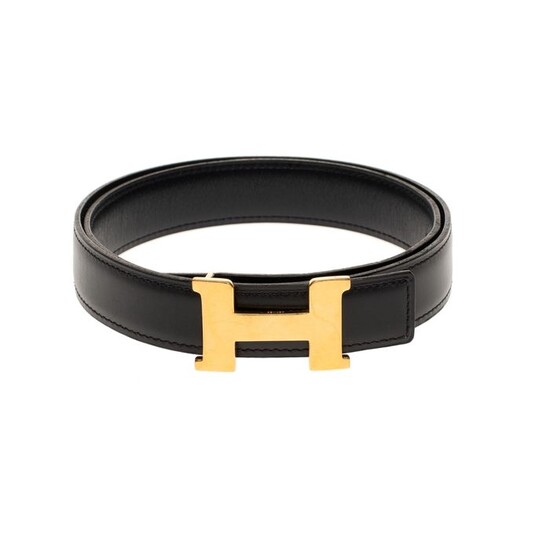 Hermès - Ceinture en cuir box noir et boucle rn métal plaqué or (24mm) Belt