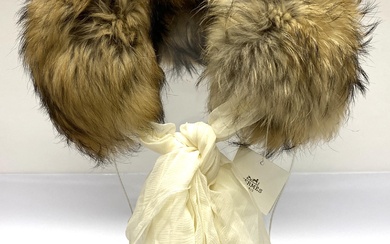 Hermes, Paris: Silver Fox Fur Neck Warmer/Collar with Cream Silk Mousseline Scarf, Original Box