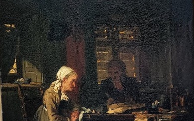 Hollandse school (XIX), Navolger Jozef Israels - Interieur boerin en man aan de etenstafel