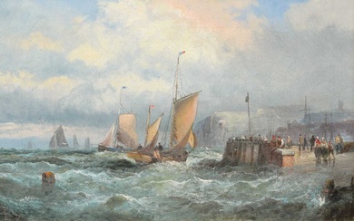 Hubert Thornley (British fl. 1859-1898) Coastal view with fishing boats in choppy waters