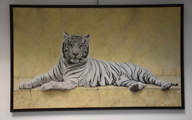 Huile sur toile signée Bourquin Rémi 1961 " Tigre blanc" (Ht.97 x 162cm)