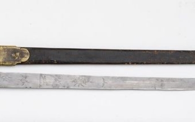 Hunting knife. Leather-covered handle, slightly S-shaped brass parry...