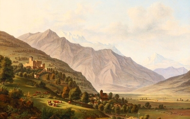 I. P. Møller: View from the Alps with a castle and a small village. Signed and dated I. P. M. 1832. Oil on canvas. 75×99 cm.