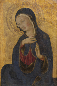 ITALY (verso on an old plate titled: Sienesischer Meister, 15. JH., Madonna aus einer Verkündigung). The Virgin from an Annunciation. Mixed media on gold ground/panel, verso old plate and lacquer seal with inscription "J.A. Ramboux". Probably from the...