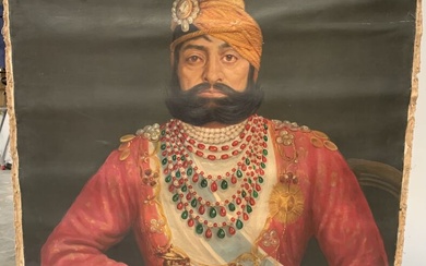 Inde du Nord, XIXe siècle Portrait d'un maharaja Huile sur toile (sans châssis) 120 x...