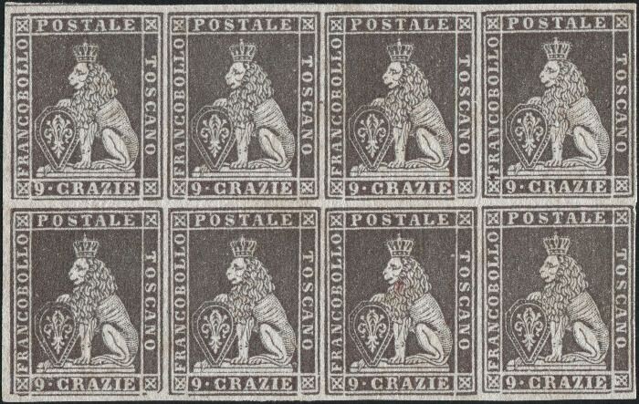 Italian Ancient States - Papal State - Block of 8 of the print proof of 9 crazie with support offset on the back.