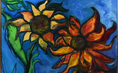 JANET MAMON, AMERICAN, ILLINOIS 20TH/21ST CENTURY, SUNFLOWERS, Oil on canvas, 42 x 55 in. (106.7 x 139.7 cm.), Frame: 48 x 60 in. (121.9 x 152.4 cm.)