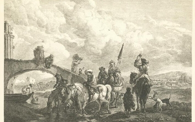 JEAN MOYREAU (1690 / 1762) "L'abreuvoir des chasseurs"