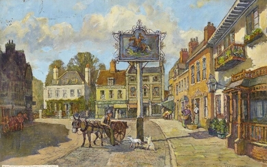 Jack Cross, British, 20th century- Market Square, Westerham; oil on board, signed and titled along the lower edge 'Jack Cross Market Square, Westerham, c.1900', 33 x 51 cm: together with three unframed oils on card by the same artist of similar...