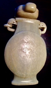 Jade Flat Bottle with Lid (1) - Luxury Decoration Artwork Piece - Jade - Rings/Scholars/Landscape - Superb Big Jade Both Sides [Hanged Rings/Engraved Poems/Sholars In Country Side] Flat Bottle/Lid- China - 20th Century