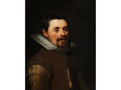 Jan Anthonisz van Ravesteyn, um 1572 Den Haag – 1657 ebenda, zug., PORTRAIT EINES MANNES MIT DER HOCHZEITSMEDAILLE VON FRIEDRICH V. UND ELISABETH STUART