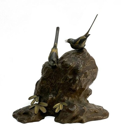 Japanese Bronze Sculpture Birds Perched on a Rock.
