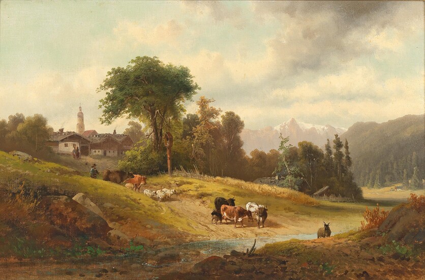 Josef Feid zugeschrieben/attributed (1806-1870) Dorf in Tirol mit einer Tierherde im Vordergrund