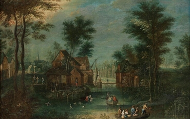 Josef van Bredael, 1688 Antwerpen – 1739 Paris, DORFGRACHT MIT BOOTEN