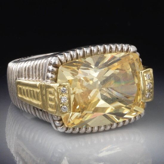 Judith Ripka Sterling Silver, 18k Gold, Diamond and Quartz Ring
