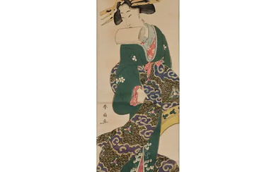 Katsukawa Shunsen (1762 - 1830) A Japanese Hashira-e depicting a lady in...