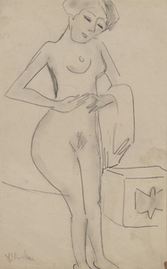 Kirchner, Ernst Ludwig: Standing female nude, ca. 1909. Pencil on paper. Signed. Reverse estate stamp with the designation "B Dre / Bg 11". - Provenance: Private collection, Baden-Württemberg. - Private collection, Baden, preserved by inheritance. We...