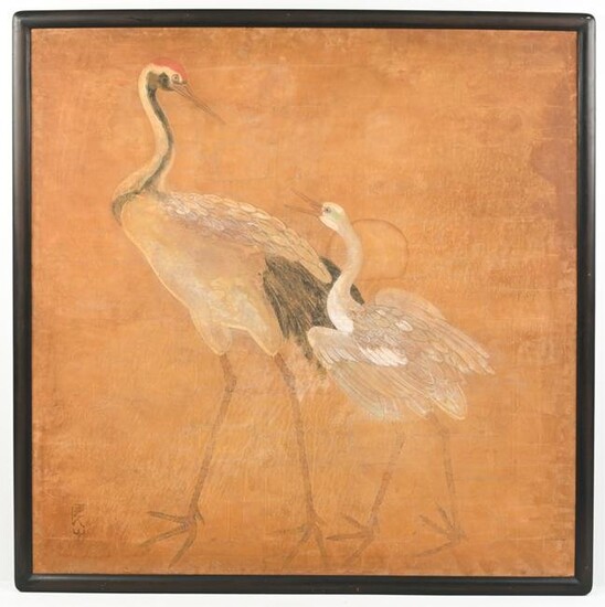 LARGE CONTEMPORARY JAPANESE STYLE PAINTING, CRANES