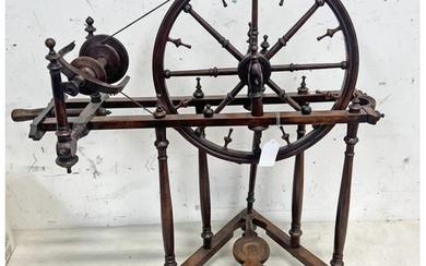 LATE 19TH OR EARLY 20TH CENTURY FIRE MAHOGANY SPINNING WHEEL...