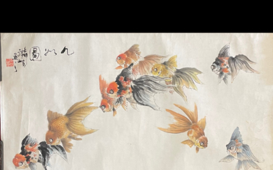 李锦山 彩墨画 九如图 LI JINSHAN CHINESE INK AND COLOR PAINTING GOLD FISH