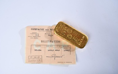LINGOT or n° 185.394, avec son bulletin d'essai de la Compagnie des métaux précieux du...