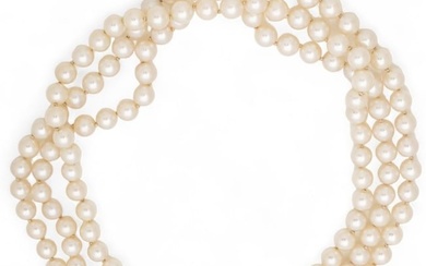 Ladies 3.49ct TW Diamond, Palladium & Cultured Akoya Pearl (6.5mm-7.5mm) Triple-strand Necklace, L