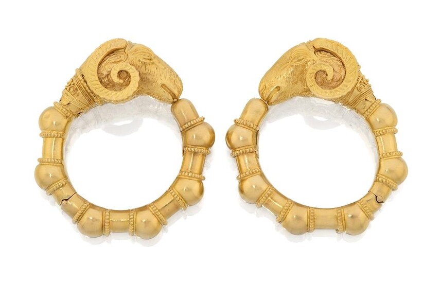 Lalaounis, A pair of earrings, by Lalaounis, each designed as a sprung creole hoop with ram's head terminal, with maker's mark for Lalaounis, stamped 750 Greece, approx. length 5cm