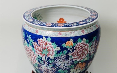 Large Chinese Porcelain Fishbowl Planter with Wooden Stand -...