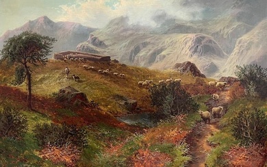 Large Victorian Scottish Oil Painting Glencoe Mountains with Shepherd & Sheep