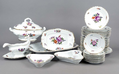 Large dinner service, 34 pcs, Fraureuth, Saxony, 1920s, form Rococo, polychrome floral painting tws.