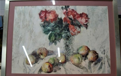 Large indistinctly signed 20thC Chinese impressionist watercolour still-life, 73...