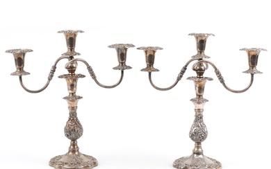 Large pair of classical silver plated three branch candelabr...