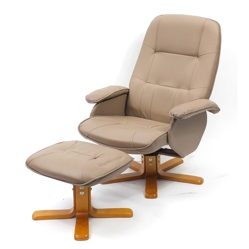 Light brown faux leather easy chair and foot stool