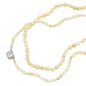 Long Natural Pearl Necklace with Platinum and Diamond Clasp