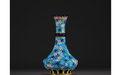 Longwy - Napoleon III earthenware and enamel vase with flowers on an azure blue background, 19th cen
