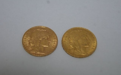 Lot of 2 pieces 20 frs gold cockerel 1906 and 1907 . Weight 12,85 g.BE