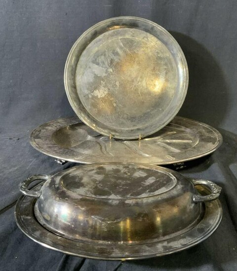 Lot of 3 Silver Plated Serving Dish and Trays
