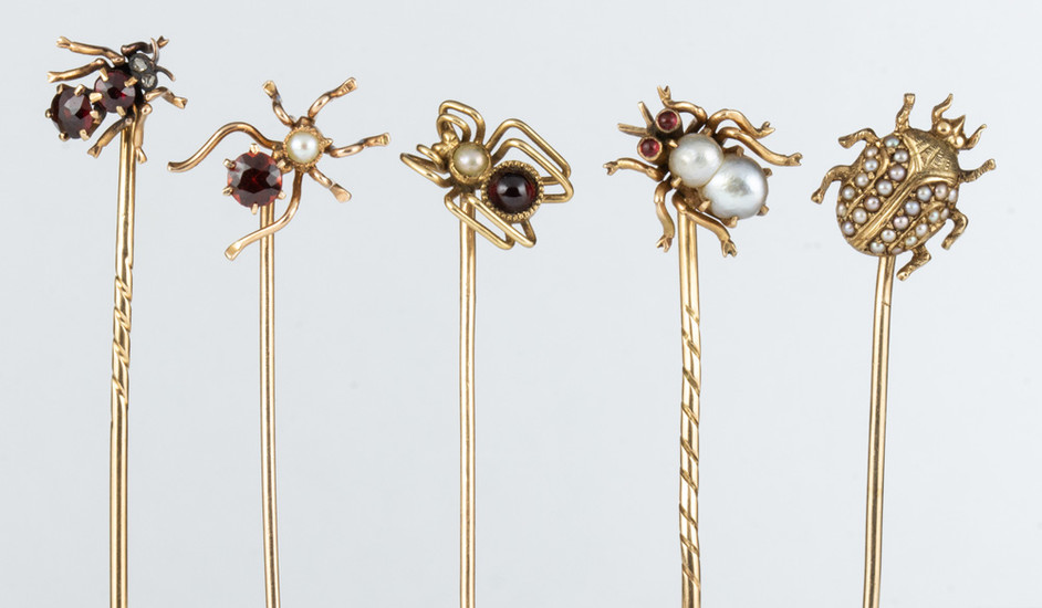 (Lot of 5) garnet, cultured pearl, diamond, yellow gold insect stickpins